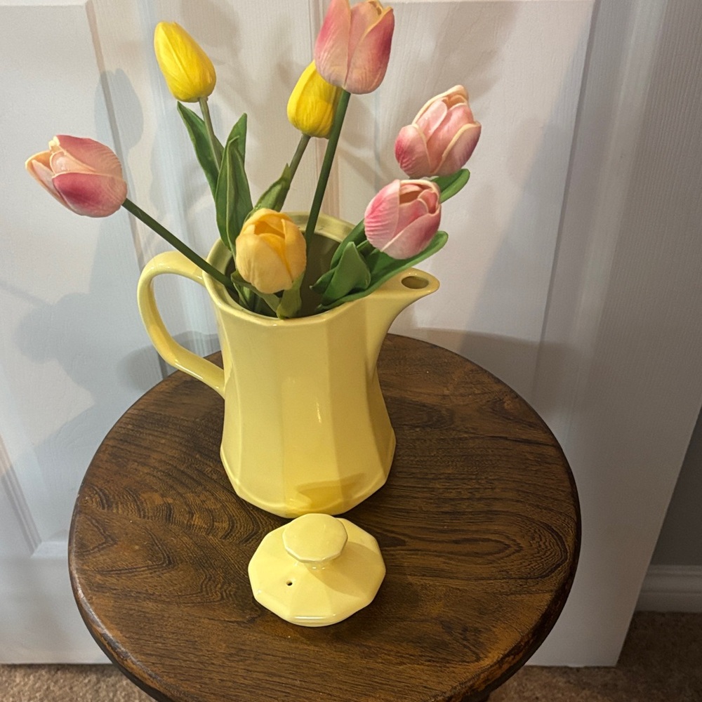 Vintage Yellow Ceramic Pitcher with Tulip Arrangement
